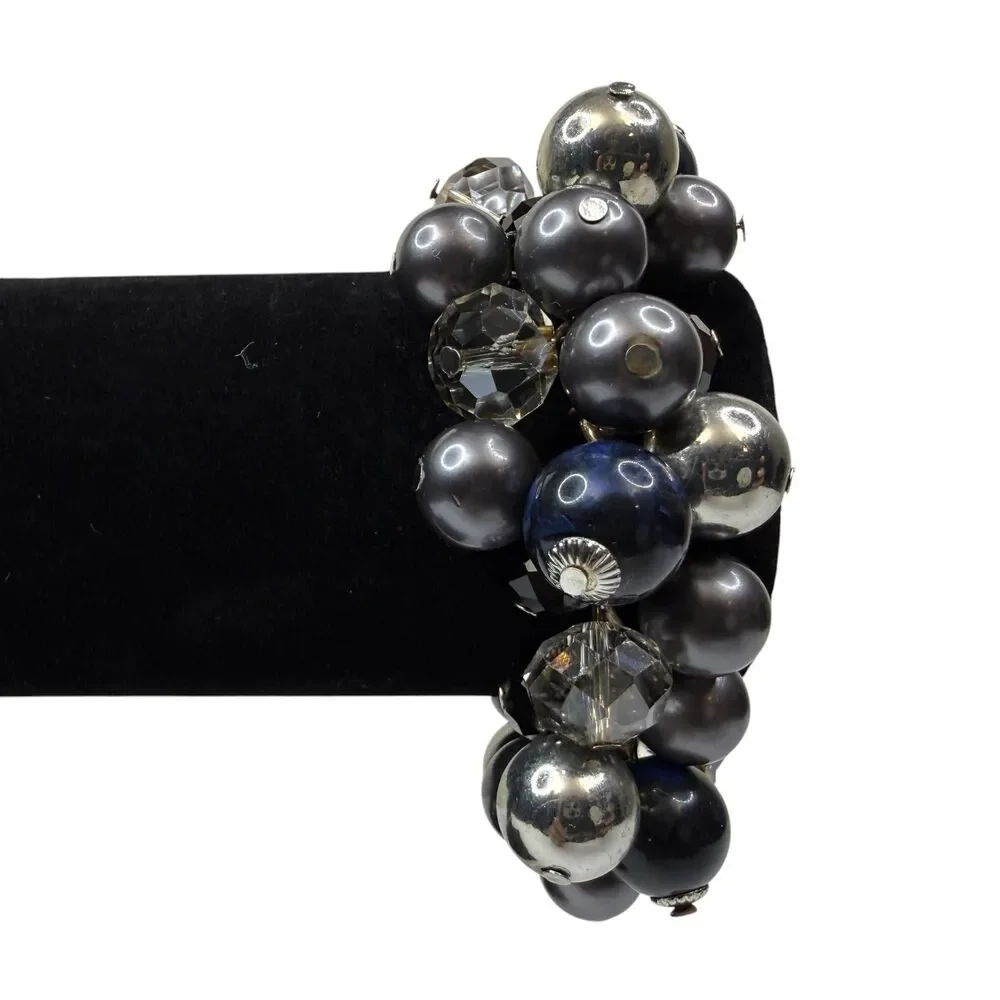 LIMITED Cluster Bead Charm Bracelet Gray Blue Silver Tone Fashion Jewelry 6.5